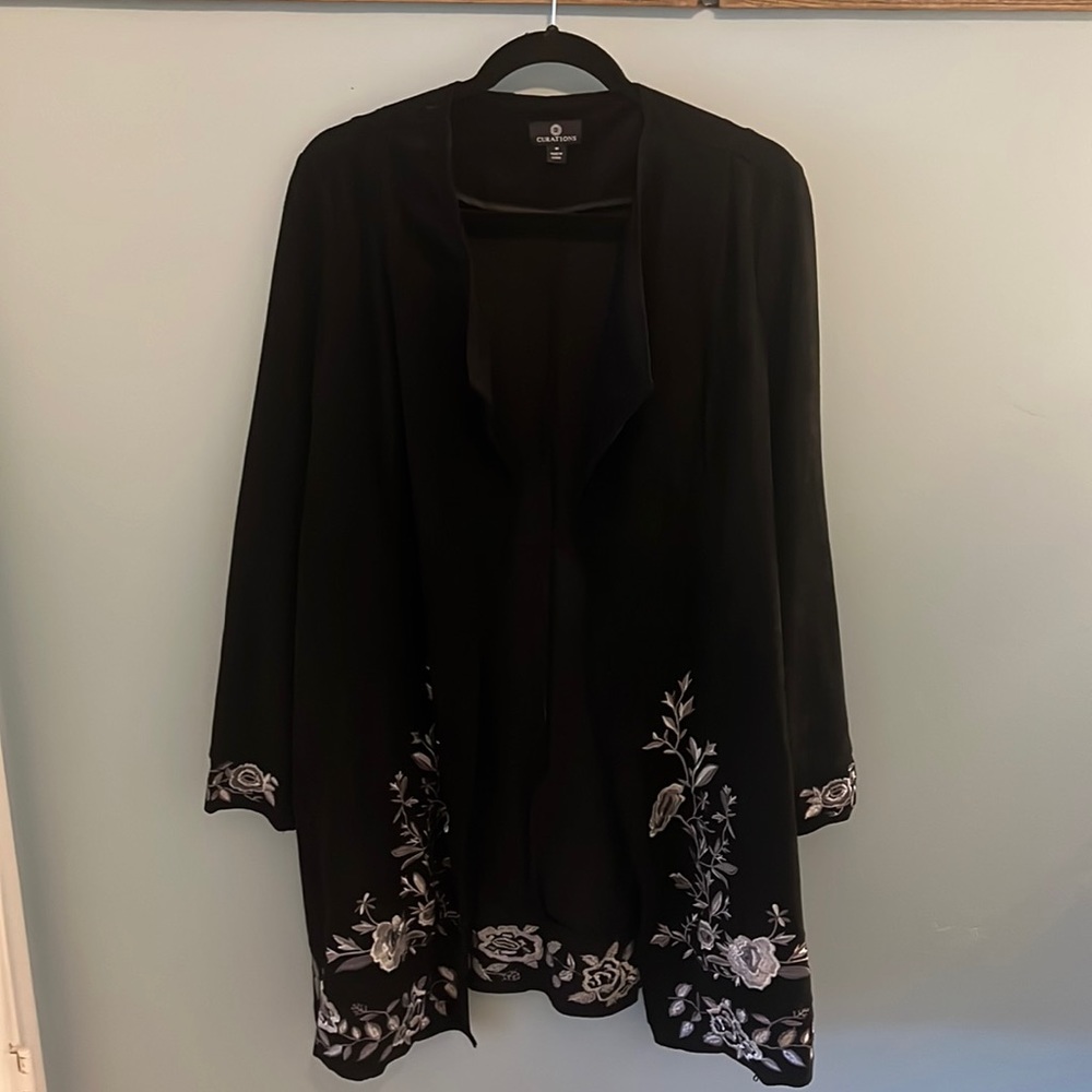 Faux suede duster. Black with silver and white embroidery.